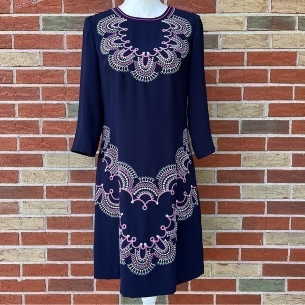 Eliza J Embroidered Round Neck Blue Pink White 3/4 Sleeve Dress 👗